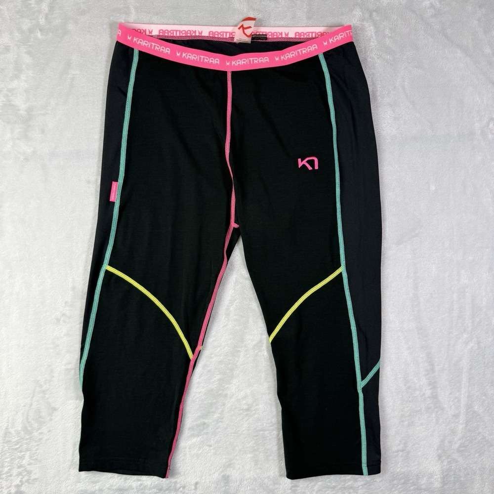 Kari Traa‎ Black Leggings Size Large Neon Pink/Blue Athletic Cropped Base Layer